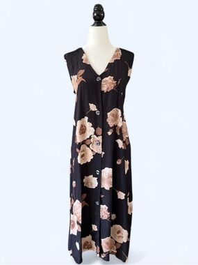 Vintage Black Floral Button Down Maxi Dress Size L Fairy Cottagecore Boho